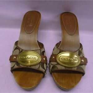 Coach Brown Patterned Mules with Gold Accents